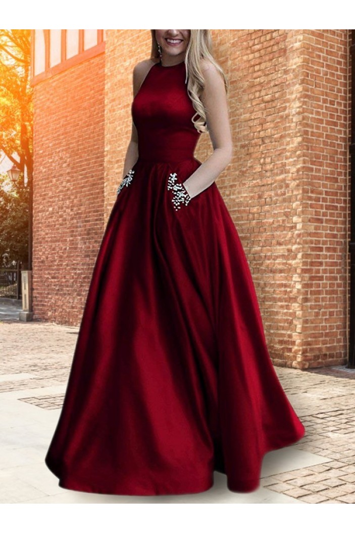 A-Line Beaded Satin Long Prom Dress Formal Evening Dresses 601686