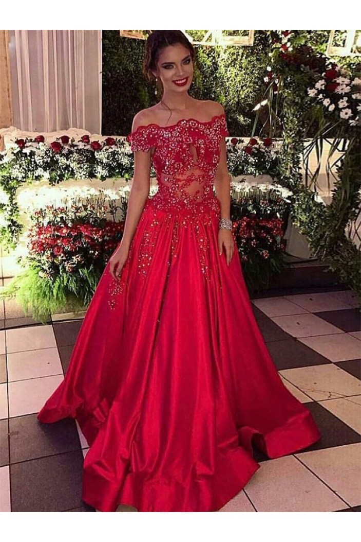 A-Line Beaded Lace Off-the-Shoulder Long Prom Dress Formal Evening Dresses 601690