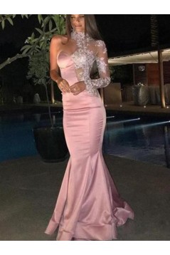 Mermaid One Sleeves Long Pink Lace Prom Dress Formal Evening Dresses 601710