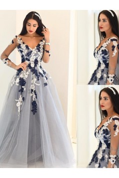 A-Line Long Sleeves V-Neck Long Prom Dress Formal Evening Dresses 601712