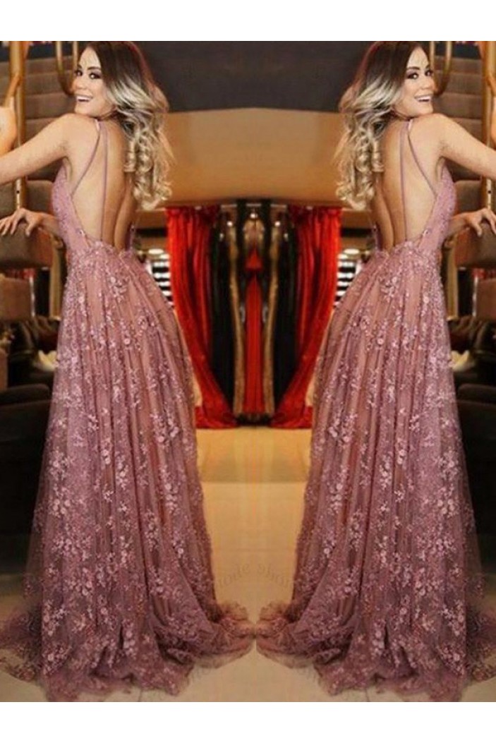 A-Line V-Neck Lace Long Prom Dress Formal Evening Dresses 601730