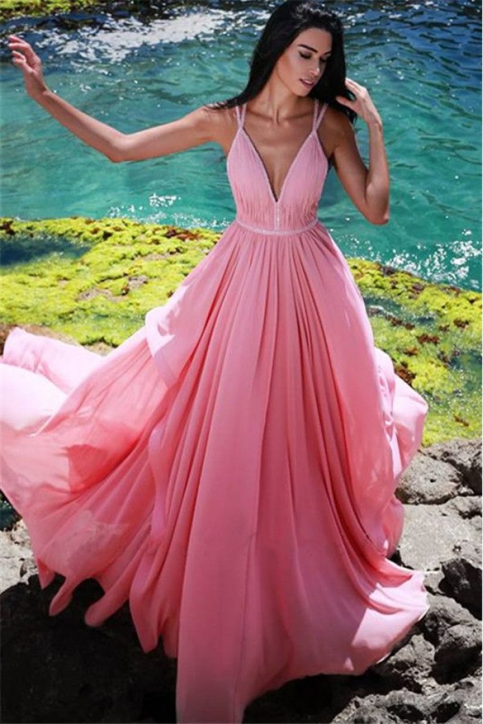 A-Line V-Neck Chiffon Long Prom Dress Formal Evening Dresses 601768