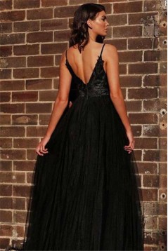 A-Line Long Black Lace Tulle V-Neck Long Prom Dress Formal Evening Dresses 601771