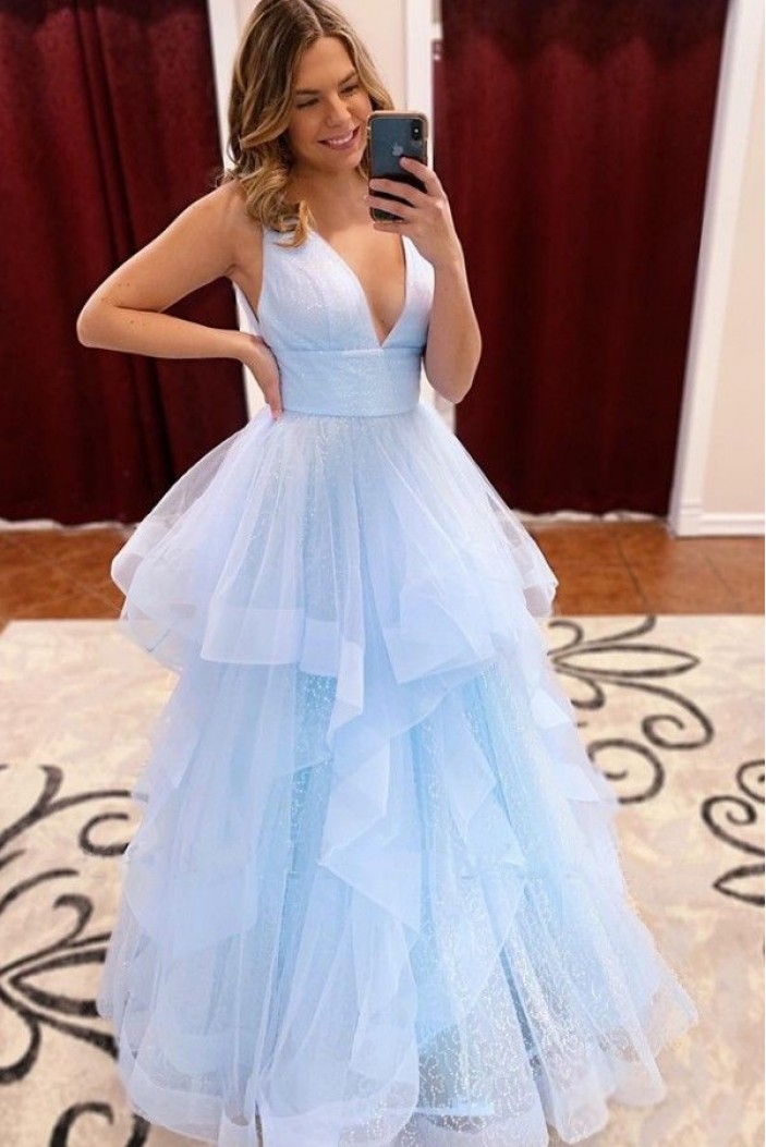 A-Line Tulle V-Neck Long Prom Dress Formal Evening Dresses 601779