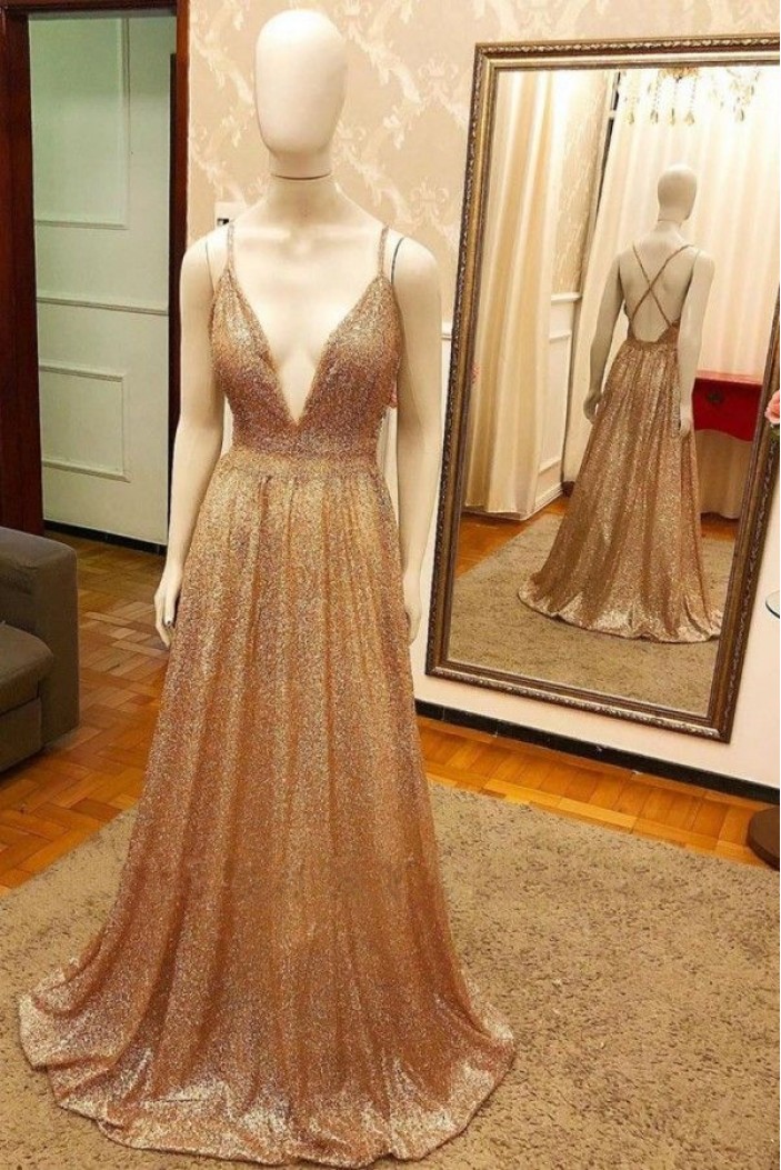 A-Line Sequins V-Neck Long Prom Dress Formal Evening Dresses 601780