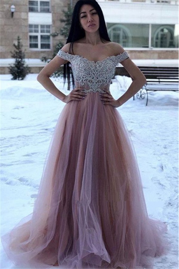 A-Line Beaded Lace Tulle Off-the-Shoulder Long Prom Dress Formal Evening Dresses 601790