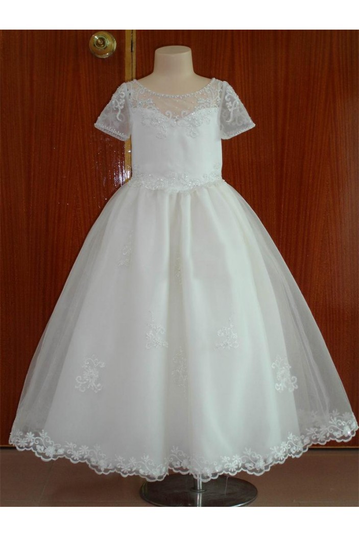 A-Line Beaded Short Sleeve Flower Girl Dresses F010022