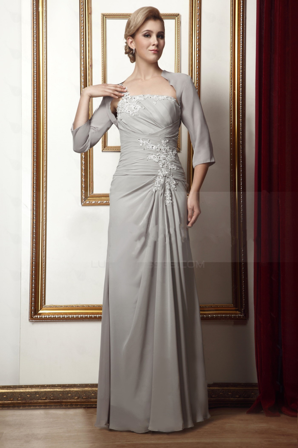 Elegant One Shoulder Beaded Applique Long Chiffon Mother Of The Bride Dresses With A Jacket M010016