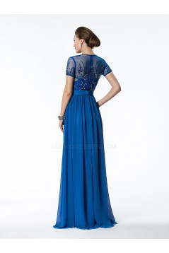 A-Line Jewel Short Sleeve Beaded Long Blue Chiffon Mother of the Bride Dresses M010032