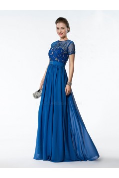 A-Line Jewel Short Sleeve Beaded Long Blue Chiffon Mother of the Bride Dresses M010032