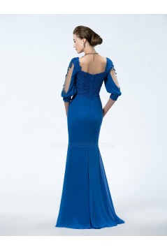 Trumpet/Mermaid 3/4 Sleeve Lace Applique and Chiffon Long Blue Mother of the Bride Dresses M010034