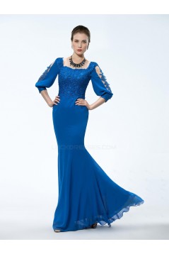 Trumpet/Mermaid 3/4 Sleeve Lace Applique and Chiffon Long Blue Mother of the Bride Dresses M010034