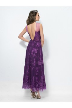 A-Line Long Purple Lace Low V-Back Mother of the Bride Dresses M010036