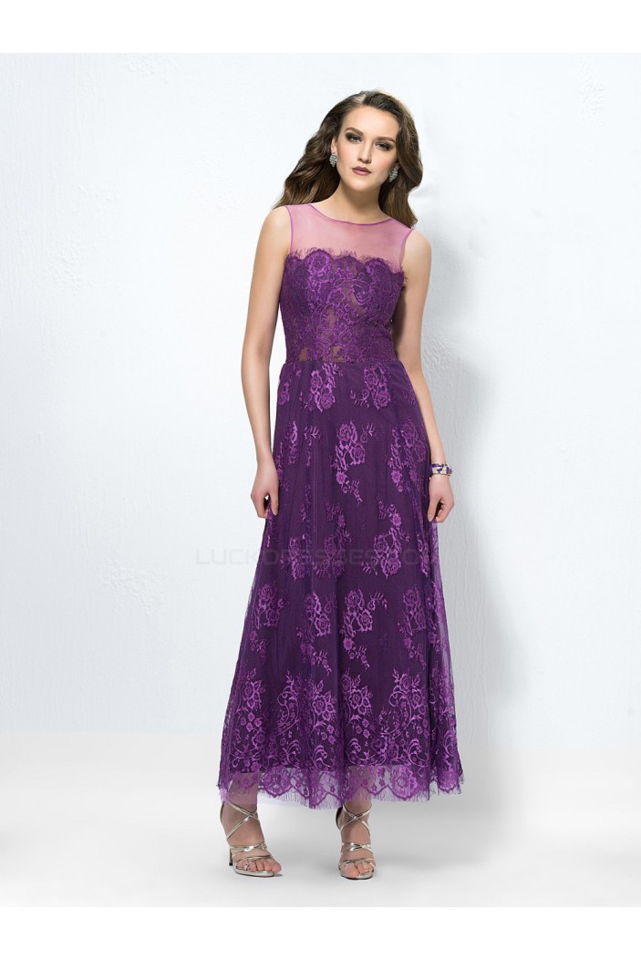 A-Line Long Purple Lace Low V-Back Mother of the Bride Dresses M010036