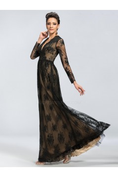 A-Line V-Neck Long Sleeve Beaded Black Lace Mother of the Bride Dresses M010044