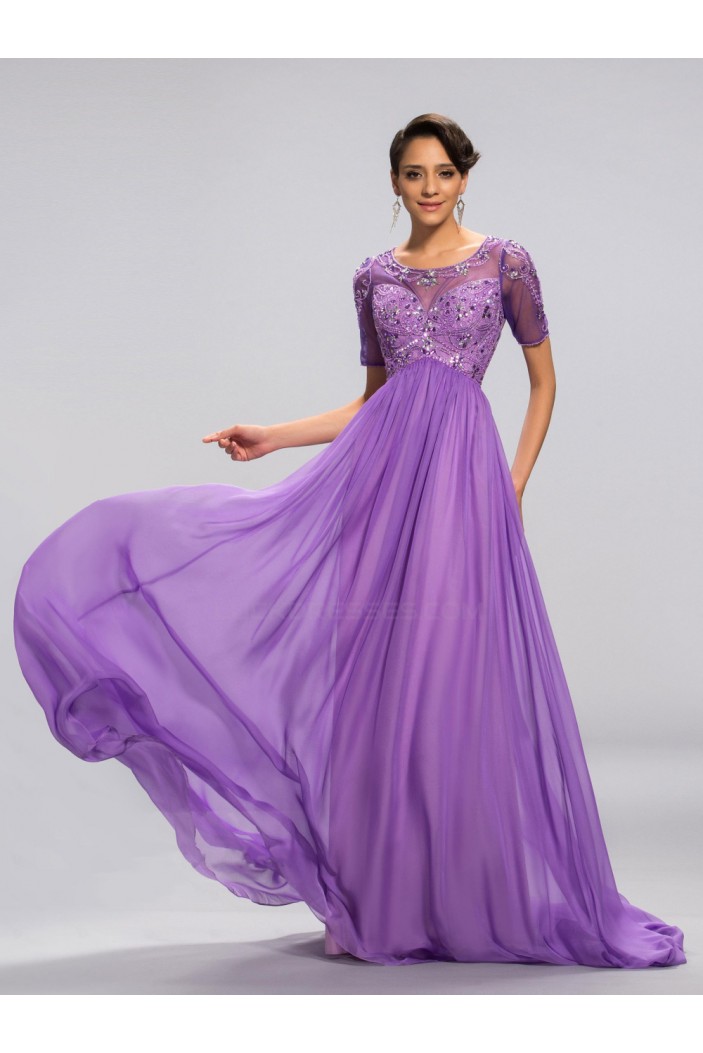 A-Line Beaded Short Sleeve Long Chiffon Mother of the Bride Dresses M010046