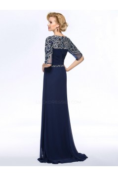 A-Line Beaded Half Sleeve Long Blue Chiffon Mother of the Bride Dresses M010060