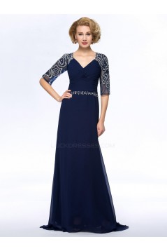 A-Line Beaded Half Sleeve Long Blue Chiffon Mother of the Bride Dresses M010060