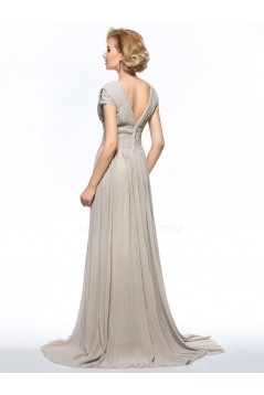 A-Line V-Neck Cap-Sleeve Pleated Split-Front Long Chiffon Mother of the Bride Dresses M010077