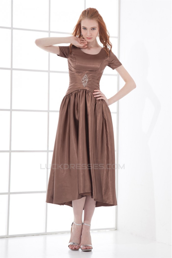 A-Line Short Scoop Elastic Woven Satin Tea Length Mother of the Bride Dresses 2040189