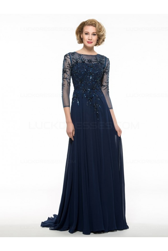Long Navy Blue 34 Length Sleeves Beaded Chiffon Mother Of The Bride 3642
