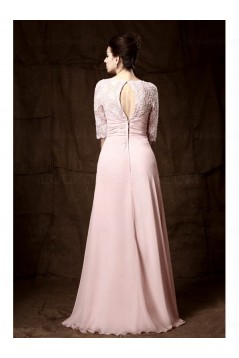 Long Pink Lace Chiffon Half Sleeves Floor Length Mother of The Bride Dresses 3040009