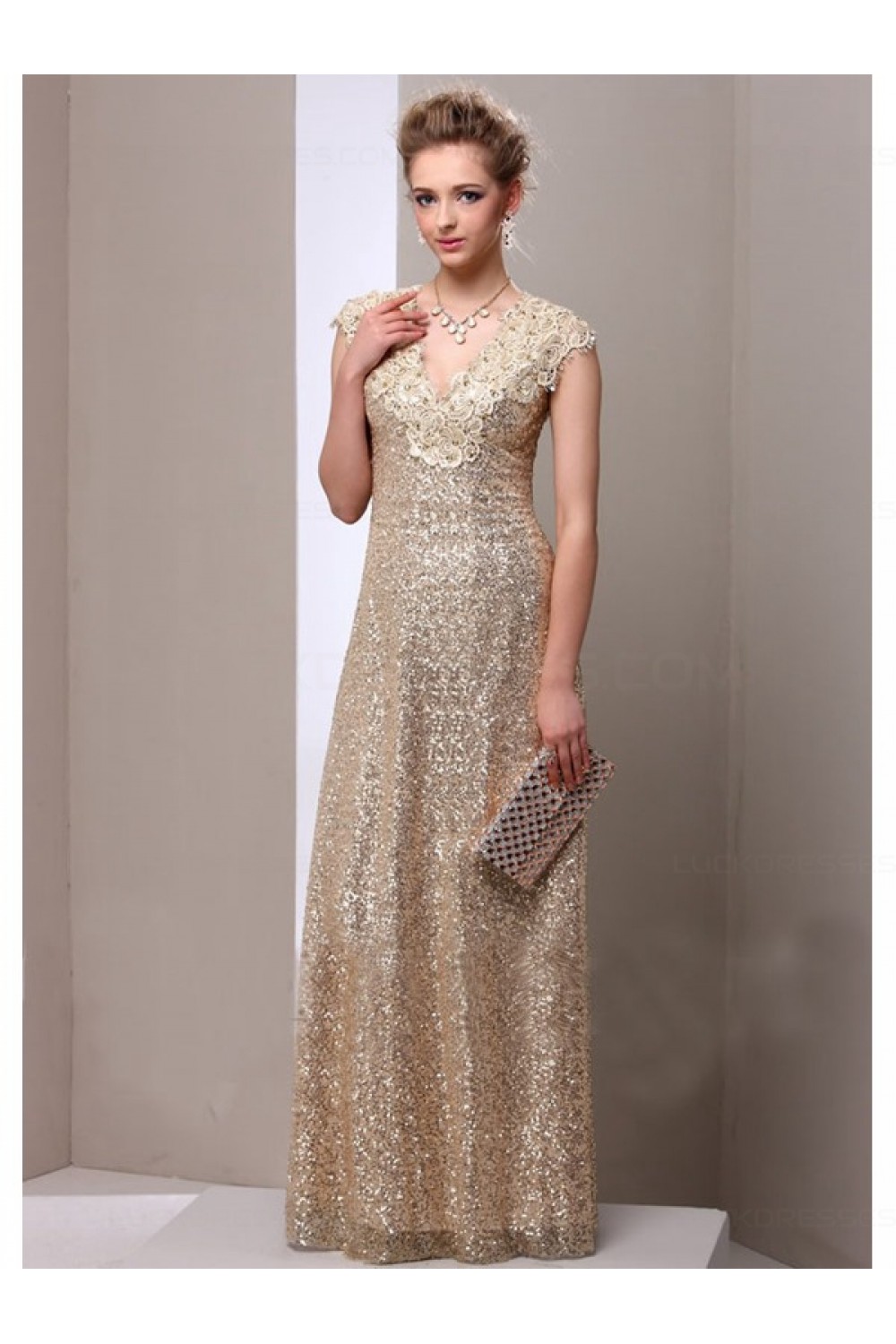 Sheath Gold Sequins Lace V Neck Long Mother Of The Bride Dresses 3040014