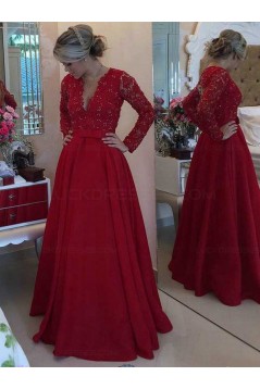 Long Red Long Sleeves Low V-Neck Lace Long Mother of The Bride Dresses 3040031