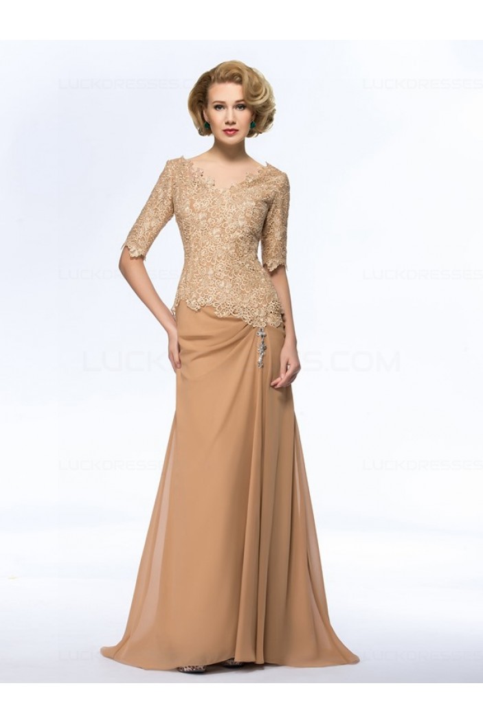 Long Half Sleeves V-Neck Lace Chiffon Long Mother of The Bride Dresses 3040033