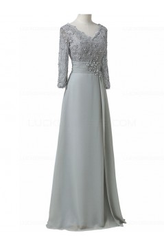 Long 3/4 Length Sleeves V-Neck Lace Chiffon Long Mother of The Bride Dresses 3040034