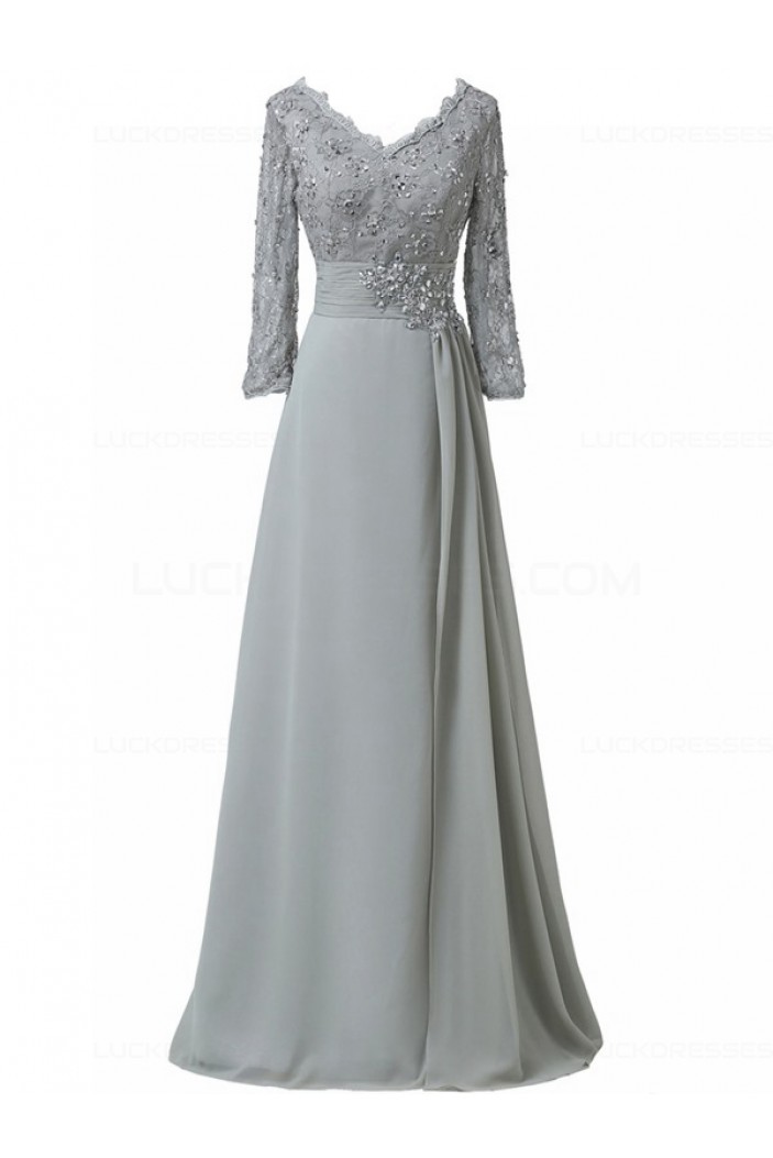 Long 3/4 Length Sleeves V-Neck Lace Chiffon Long Mother of The Bride Dresses 3040034