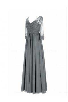 Long Navy 3/4 Length Sleeves Lace Chiffon Long Mother of The Bride Dresses 3040036