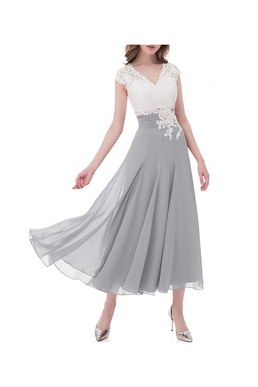 A-Line V-Neck Lace and Chiffon Tea-Length Mother of The Bride Dresses ...