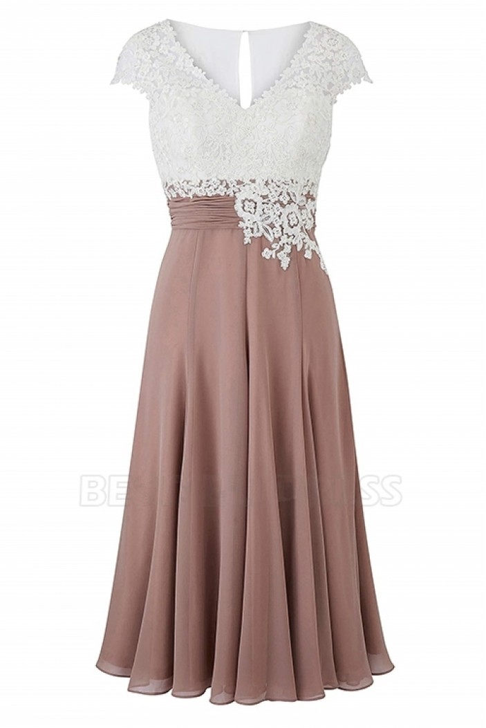 A-Line V-Neck Lace and Chiffon Tea-Length Mother of The Bride Dresses ...