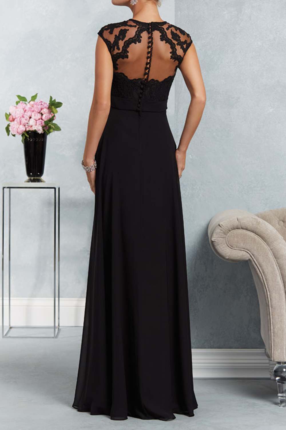 A Line Beaded Lace Chiffon Long Black Mother Of The Bride Dresses 602165