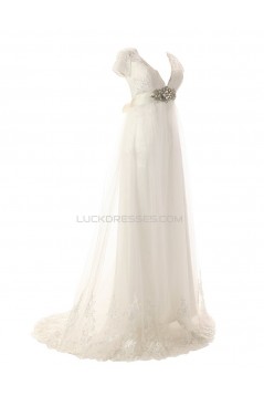 Sexy A-line V-neck Lace Sweep Train Wedding Dresses WD010003