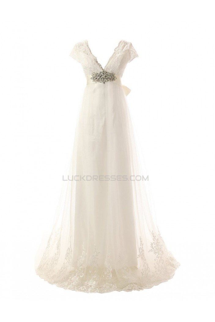 Sexy A-line V-neck Lace Sweep Train Wedding Dresses WD010003