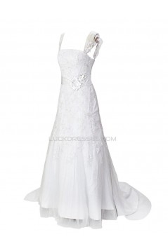 A-line Straps Sleeveless Sweep Train Lace Wedding Dresses WD010007