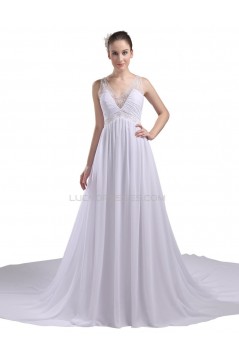 Elegant A-line V-neck Straps Chapel Train Chiffon Beaded Wedding Dresses WD010026