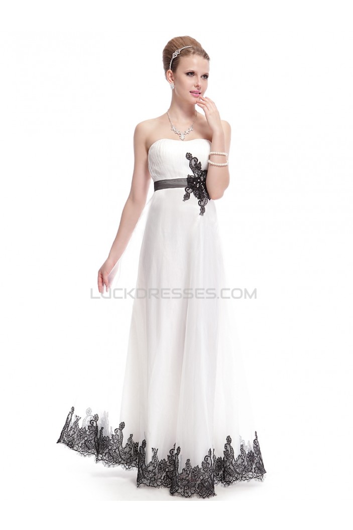 Sheath/Column Strapless Black Applique White Wedding Dresses WD010040