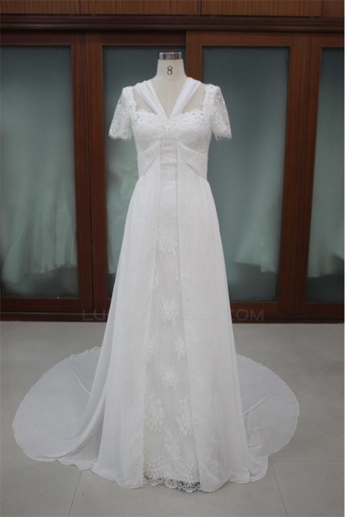Sheath/Column Short Sleeves Chapel Train Lace Bridal Wedding Dresses WD010093