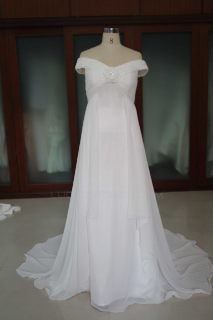 A-line Off the Shoulder Sweep Train Chiffon Bridal Wedding Dresses WD010098