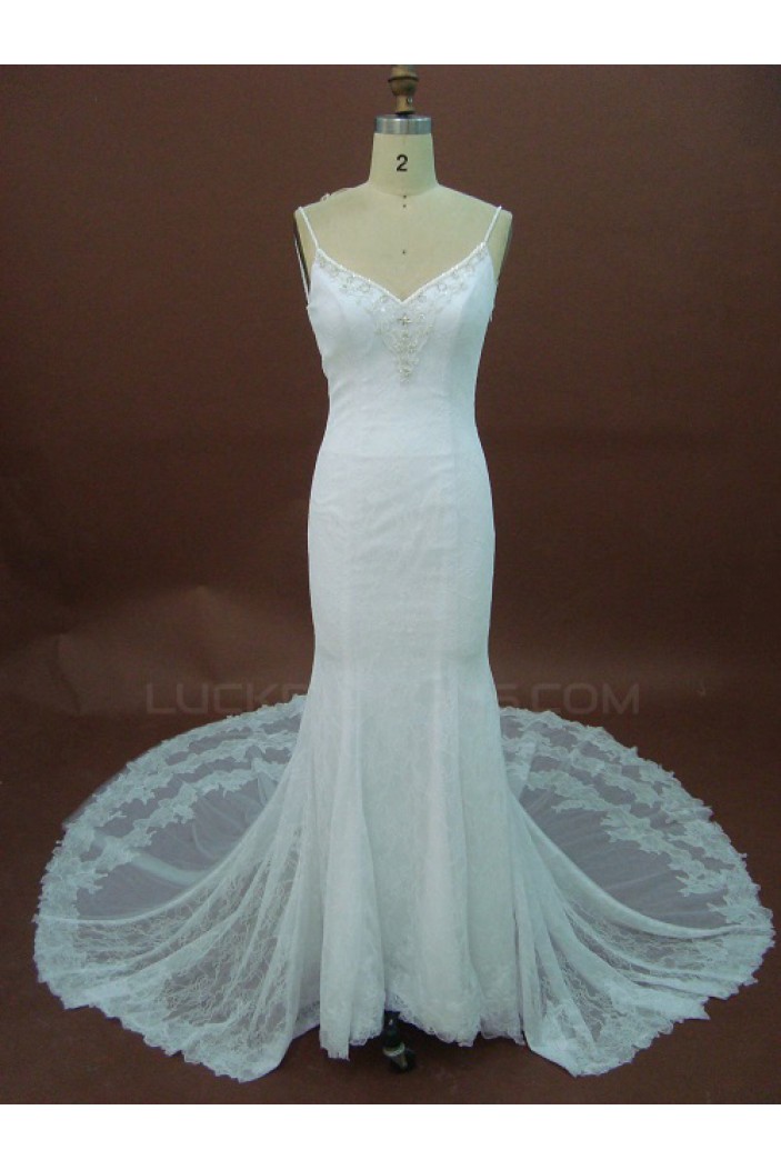 Sexy Trumpet/Mermaid Spaghetti Straps Chapel Train Lace Bridal Wedding Dresses WD010149