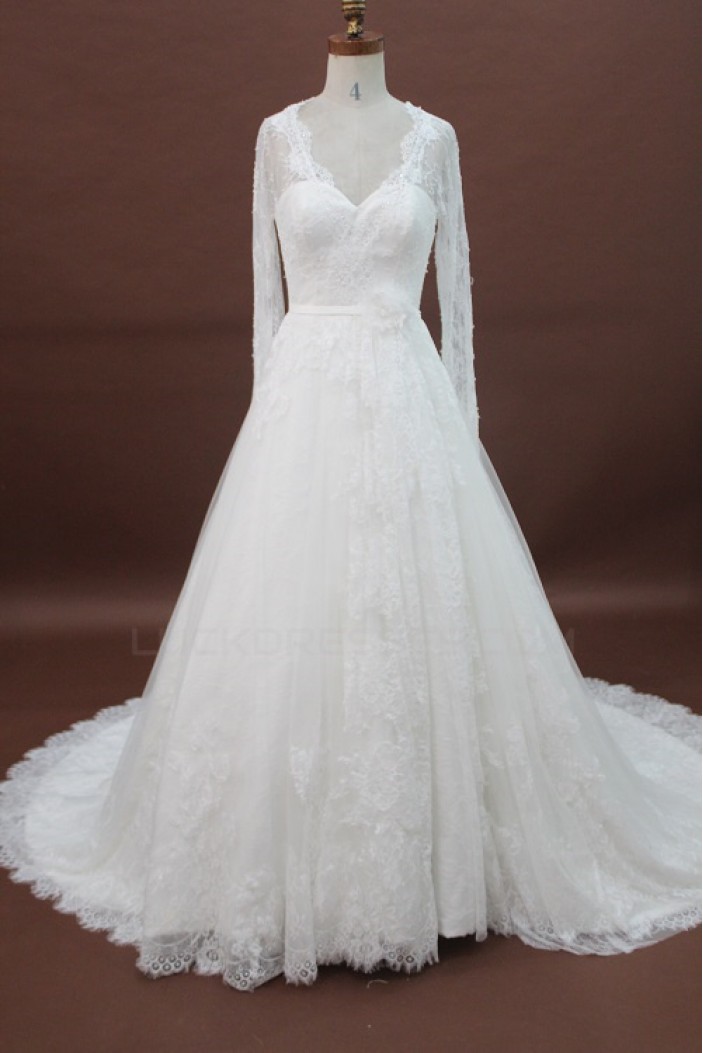 A-line V-neck Long Sleeves Chapel Train Lace Bridal Wedding Dresses WD010169
