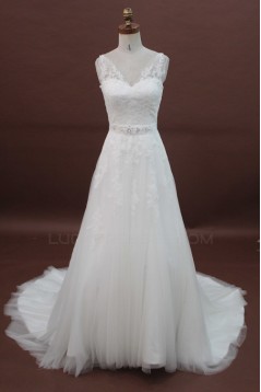 A-line Strapless Chapel Train Lace Bridal Wedding Dresses WD010173