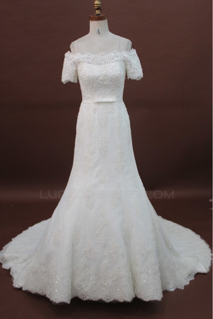 Trumpet/Mermaid Short Sleeves Off the Shoulder Lace Bridal Wedding Dresses WD010176