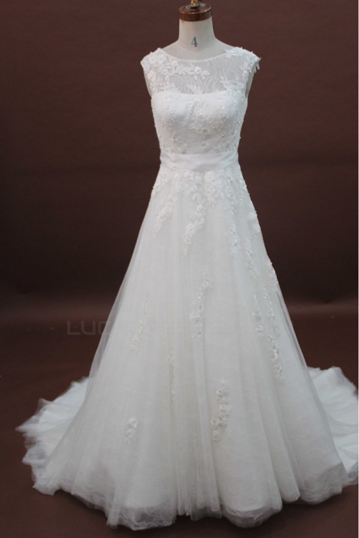 A-line Chapel Train Beaded Lace Bridal Wedding Dresses WD010179