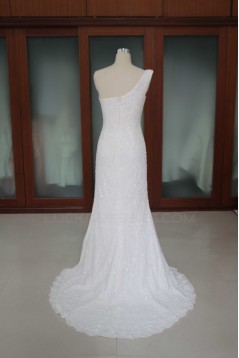 Sheath/Column One Shoulder Beaded Lace and Chiffon Bridal Wedding Dresses WD010190