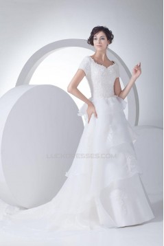 A-line Short Sleeves Court Train Bridal Wedding Dress WD010232