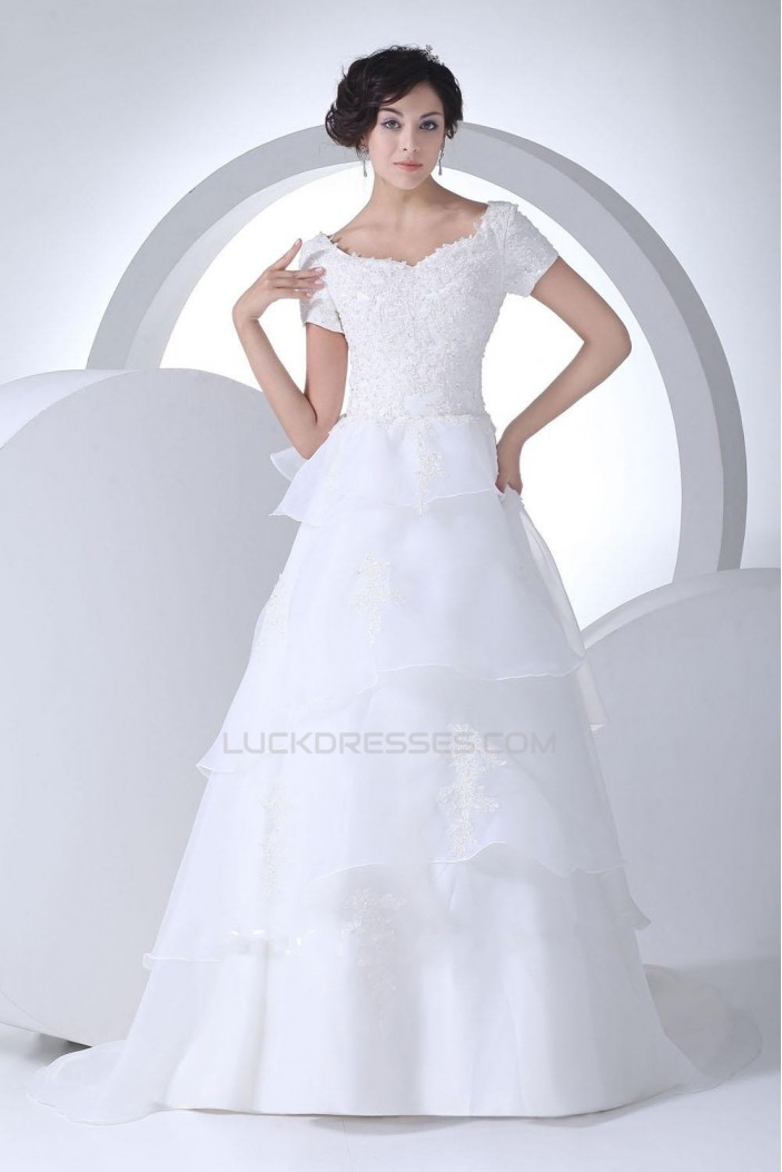 A-line Short Sleeves Court Train Bridal Wedding Dress WD010232